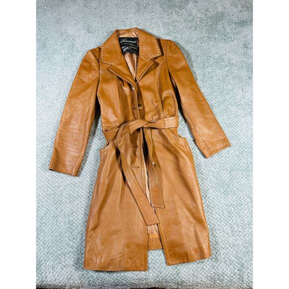 Beautiful Vintage Warm Brown 70s Leather Trench Coat Contrast Stitch LedaSpain - Picture 1 of 7